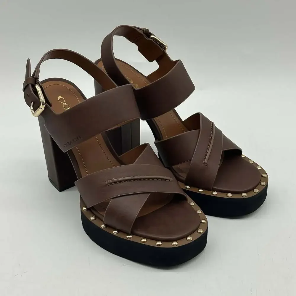 COACH Callie Platform Saddle Brown Leather Strappy Heels Sandals Women's Size 8B